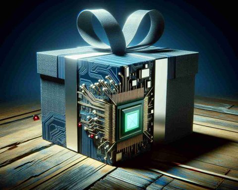 An image that represents how the significant actions of a major technology company, specifically involved in the graphics processing unit industry, could potentially disrupt and revolutionize the market. This anticipation is symbolized by a large, beautifully wrapped, enigmatic gift box.