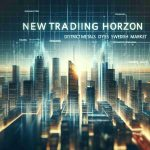 A realistic, high-definition graphic representation of a financial concept: 'New Trading Horizon'. Visualize this as a bold, futuristic cityscape with soaring skyscrapers, technology and energy pulsing through its veins. Overlayed on this, represent the phrase 'District Metals Eyes Swedish Market' in eye-catching, digital typography.