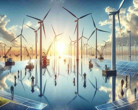 Generate a high-definition, realistic image depicting the revolution in renewable energy. Capture the essence of advanced solar panels reflecting the bright sunlight, wind turbines spinning in the prevailing wind against a clear azure sky, and a seascape view of offshore wind farms. Further, have people of different descents and genders working together on these projects, showing a united front in the push for cleaner energy. Emphasize the progressive leap forward in technology and sustainability, suggesting a shift towards a greener future.