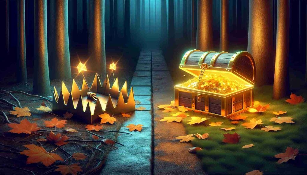 Create a high-definition, realistic image that showcases the concept of 'Investment: Triumph or Trap?'. In the foreground, show a vibrant, gold-filled treasure chest to depict the triumph of a successful investment. Its glow illuminates the nearest surroundings. On the other side, illustrate a bear trap partly hidden under autumn leaves, symbolizing the potential risks and traps in investment. They both lie on a split path in a dark forest, symbolizing the uncertainty and decision-making aspects of investing.