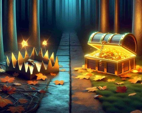 Create a high-definition, realistic image that showcases the concept of 'Investment: Triumph or Trap?'. In the foreground, show a vibrant, gold-filled treasure chest to depict the triumph of a successful investment. Its glow illuminates the nearest surroundings. On the other side, illustrate a bear trap partly hidden under autumn leaves, symbolizing the potential risks and traps in investment. They both lie on a split path in a dark forest, symbolizing the uncertainty and decision-making aspects of investing.