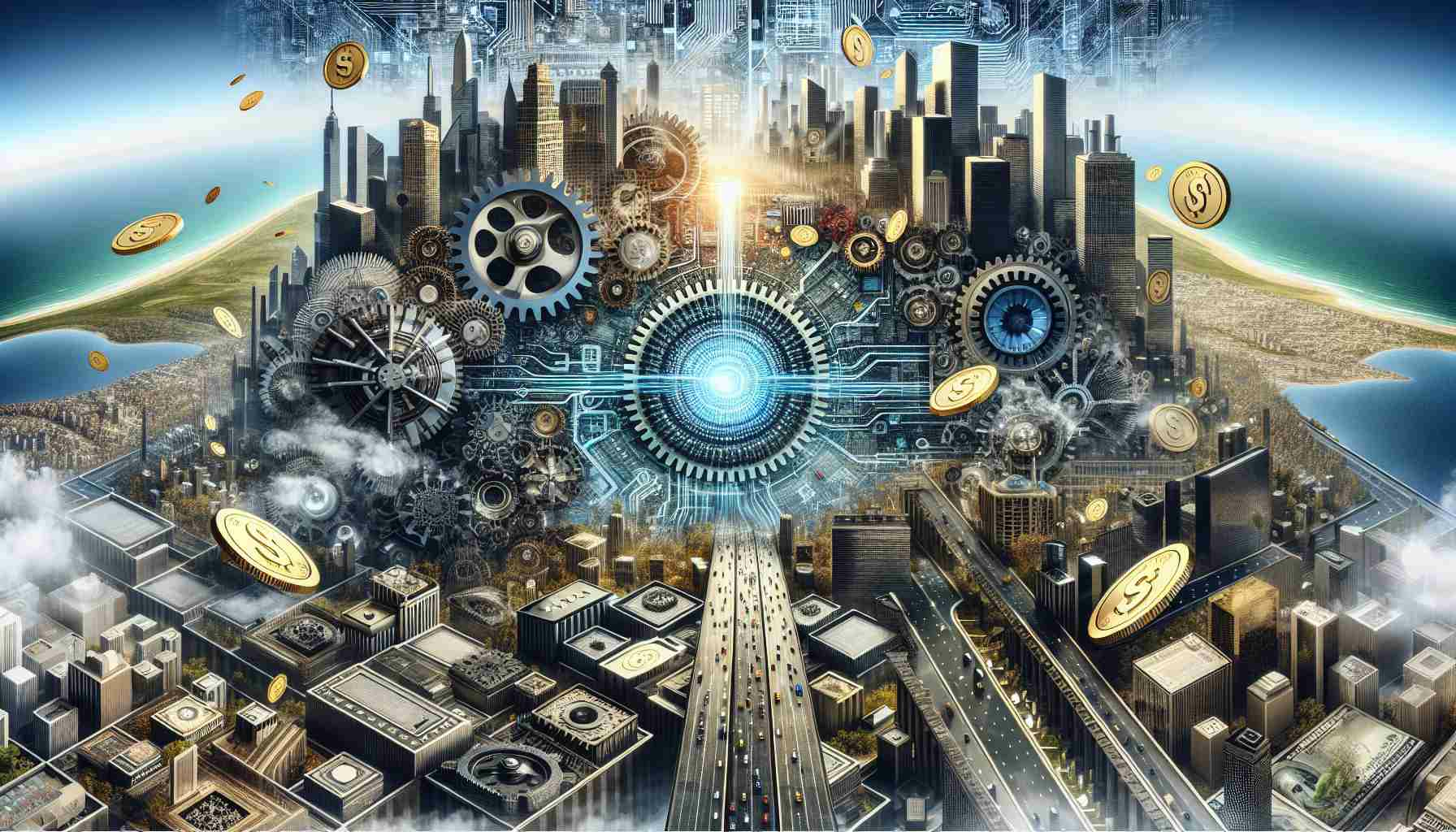 A conceptual scenario visually representing the significant leap in advancement of technology. Illustrate a metaphorical scene where giant mechanical gears and intricately designed silicon chips are set against a futuristic cityscape, symbolizing a broad investment in emerging technologies. Depict a juxtaposition of past technologies with future technologies showing the immense progress. Use United States geographical landmarks to set the context. To represent monetary investment, visualize a shower of golden coins on the technological landscape. Note: All components to be portrayed in a high-definition, hyper-realistic art style.