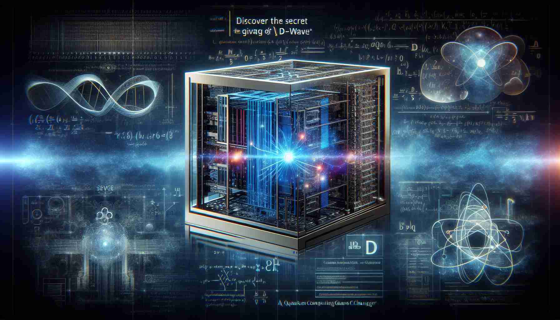 An HD quality image depicting the concept of 'Quantum Computing Game Changer'. This should include the visualization of a cutting-edge quantum computer model, complex scientific diagrams and equations related to quantum physics. Also include the words 'Discover the secret of D-Wave' prominently displayed, the words having a technological aesthetic.