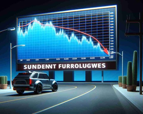 High definition, realistic representation of a dramatic downward graph trend, illustrating a stock nosedive of an electric vehicle manufacturing company. In the same scene, an unexpected news billboard displays the announcement of sudden furloughs.