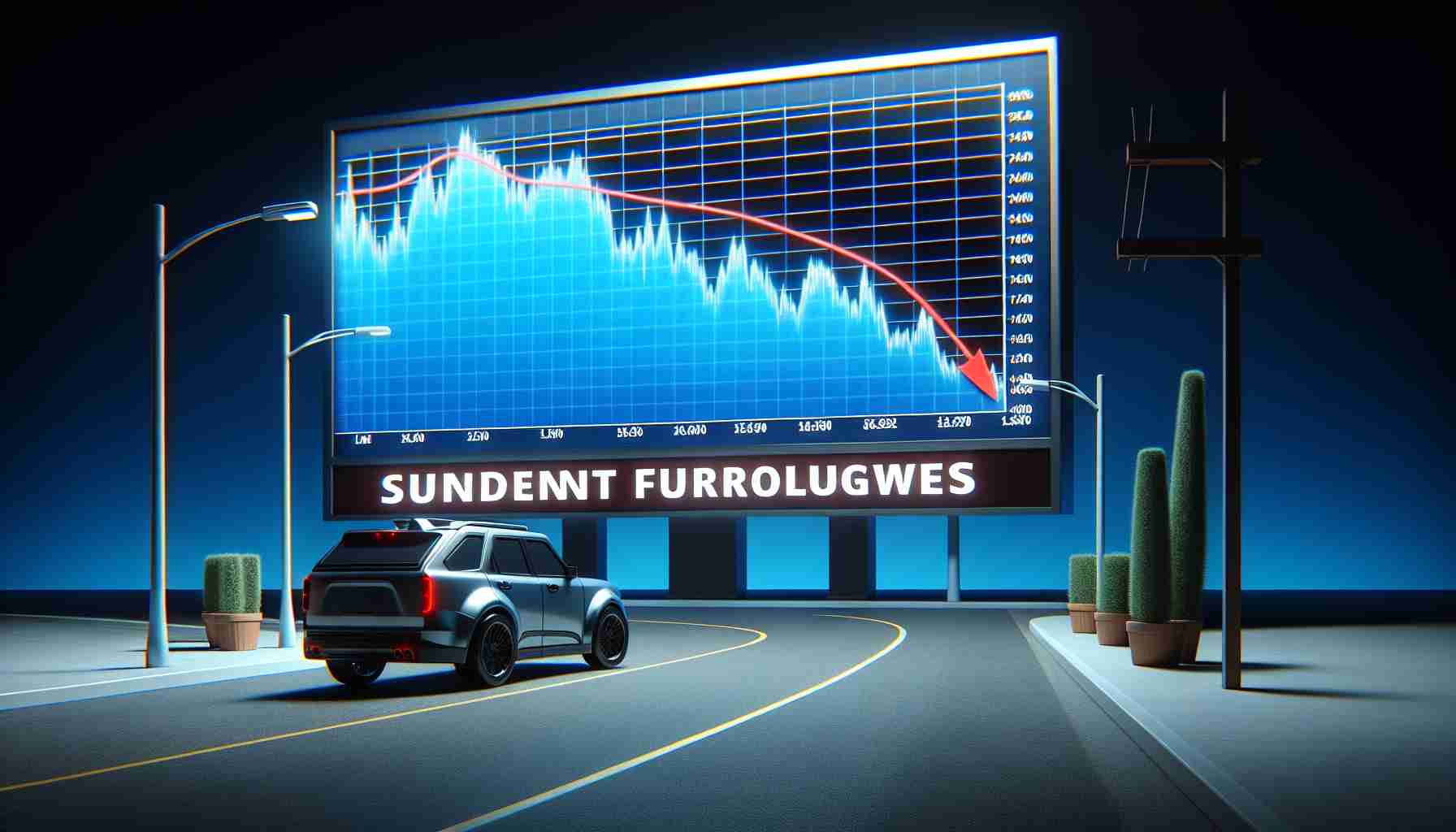 High definition, realistic representation of a dramatic downward graph trend, illustrating a stock nosedive of an electric vehicle manufacturing company. In the same scene, an unexpected news billboard displays the announcement of sudden furloughs.