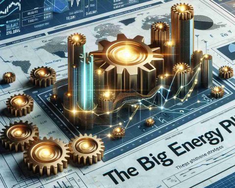 Generate a realistic, high-definition image illustrating the concept of 'The Big Energy Play'. On the lower right corner of the image, include a logo for a corporation named 'Devon Energy'. The scene centers on a dynamic, 3D chart showing increasing energy production with several golden gears acting as metaphors for the shifting strategies of investment firms. An attractive layout with graphs and numerical data underscores the 'hedge fund' aspect, suggesting sophisticated financial management. Use neutral colors like blue, grey, and gold.