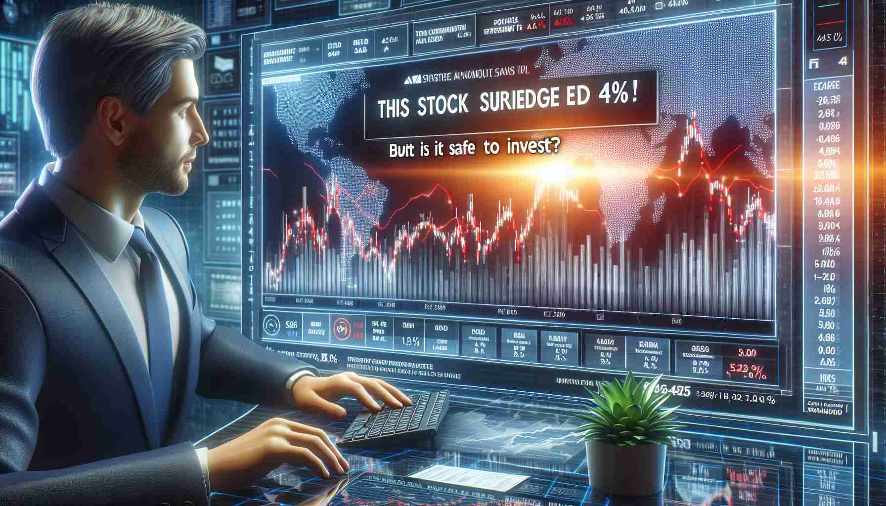 Realistic HD photo of a headline on a financial news interface saying 'This Stock Surged 4%! But is it Safe to Invest?'