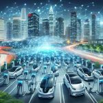 A high-definition, realistic image that represents the concept 'Powering the Future! How Big Data Drives Electric Vehicle Growth in China'. It might include visuals of a thriving Chinese city with various electric vehicle charging stations seamlessly incorporated into the urban environment, underscored by a systematic network visually representing big data flow between the vehicles, charging stations, and surrounding infrastructure.