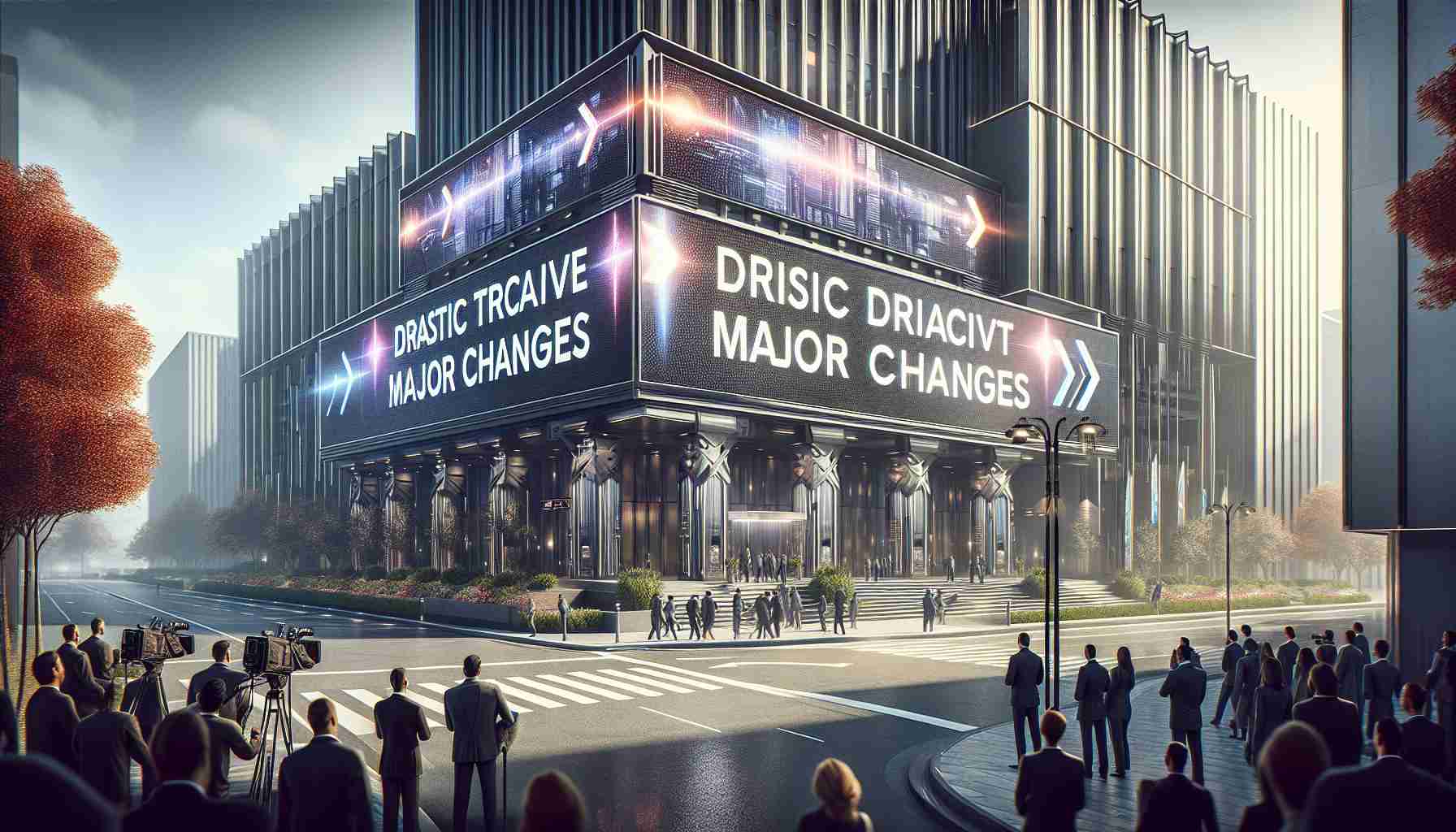 A highly detailed image of a fictional tech company's headquarters, with bold signs indicating major changes. The building is modern, sparkling in the sunlight with sleek lines and high tech features. Large banners hang from the building, cryptically announcing a drastic new direction for the company. Press and public gather outside in anticipation. Highlight the mood with a sense of mystery and dramatic change.