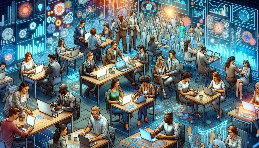 Imagine a detailed, high-definition pictorial depiction of the future of work. In this envisioning, innovative freelancing platforms are leading the way, forging new paths and possibilities. Depict an array of people from various descents, such as Caucasian, Black, Hispanic, Middle-Eastern, and South Asian, all genders, all working remotely in diverse fields of many occupations. Include elements that show the digital nature of their jobs, like laptops, tablets, and chart projections, underlining the concept that these freelancers are working from anywhere and everywhere.