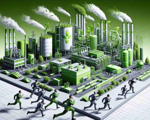 A high-definition, realistic illustration portraying the concept of the green hydrogen revolution, symbolizing companies that are racing to redefine the energy sector. Picture an assortment of structures representing various industries, emitting not smoke, but cascades of bright green leaves symbolizing clean energy. Also incorporate imagery of hydrogen fuel cells, subtly colored in a distinct shade of green. Perhaps also reflect a race; employees of diverse gender and descent racing together, a metaphor for companies competing to produce green hydrogen. But remember, the competition is harmonious, everyone is racing towards a shared, sustainable future.