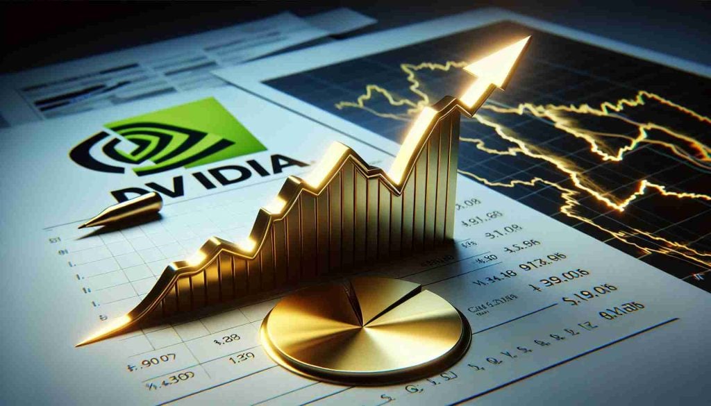 A realistic high-definition image of a golden spike embedded in a curved graph, symbolizing a dip. The graph is surrounded by financial documents and calculations indicative of an investment opportunity. The Nvidia logo appears subtly in the background, suggesting that this scene relates to the company's stock market performance.