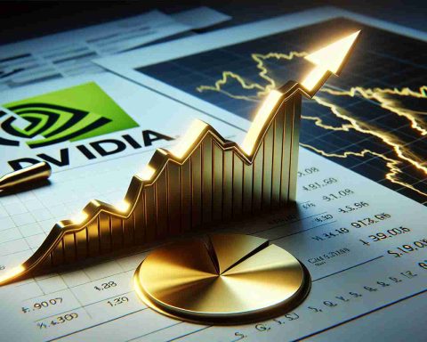 A realistic high-definition image of a golden spike embedded in a curved graph, symbolizing a dip. The graph is surrounded by financial documents and calculations indicative of an investment opportunity. The Nvidia logo appears subtly in the background, suggesting that this scene relates to the company's stock market performance.