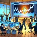 Generate a high definition realistic image, capturing a scene that represents the unexpected, surprise move of a corporate entity investing heavily into the world of cryptocurrency. The scene can depict a corporate office with screens displaying graphs of digital currencies, along with excited employees reacting to the surprise investment decision.