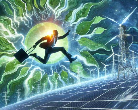 Generate a realistic HD photo of a leap in green energy ventures, symbolized by a bold leap. The image should capture the essence of sustainable energy advancements pushing towards future gains.