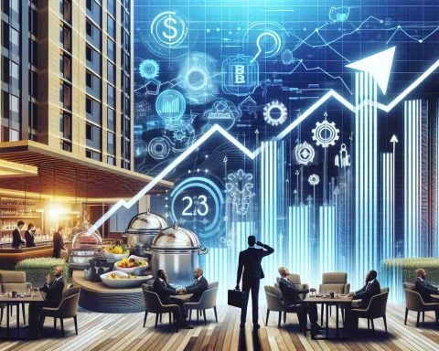 Generate a high-definition, realistic image that represents the concept of 'Big Gains Ahead.' Illustrate this through an optimistic business setting with upward moving financial charts and graphs on a digital screen. Incorporate symbols that represent innovation and hospitality such as modern hotel building, concierge service, and creative culinary art.