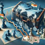Create a realistic, high-definition image symbolizing the concept of investors withdrawing their funds from India. This could contain symbolic elements such as graphs depicting a downturn, an investor's suitcase closing, Indian rupees transforming into another currency, with a backdrop of a map of India. Simultaneously, present an unexpected change in economic tactics, potentially represented by a chess game mid-move, showing a noticeable strategic shift. Do not include identifiable individuals or locales in the image.