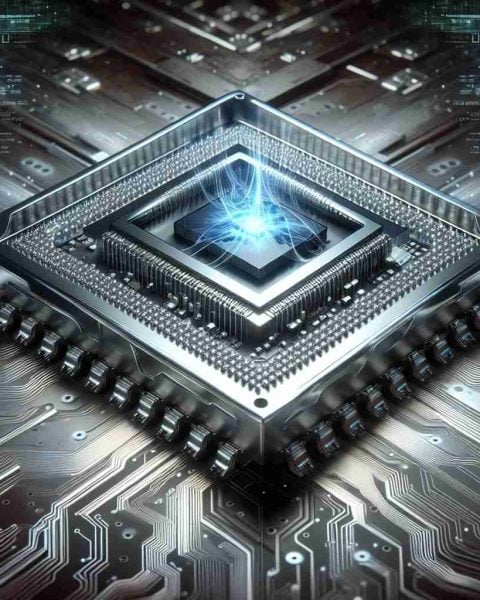 A highly detailed, high definition image portraying a futuristic, newly invented quantum chip. The chip appears cutting-edge, laden with unprecedented technology, and is surrounded by a light aura that gives an impression of its revolutionary nature. Bold yet elegant, the hardware stands as a signal to a new era of computing unfolding, capturing the awe and shock of the tech world, and suggesting significant impact on potential investors. Displayed in the backdrop are abstract shapes and structures reminiscent of complex code and circuits, symbolizing the silent power of quantum computing.