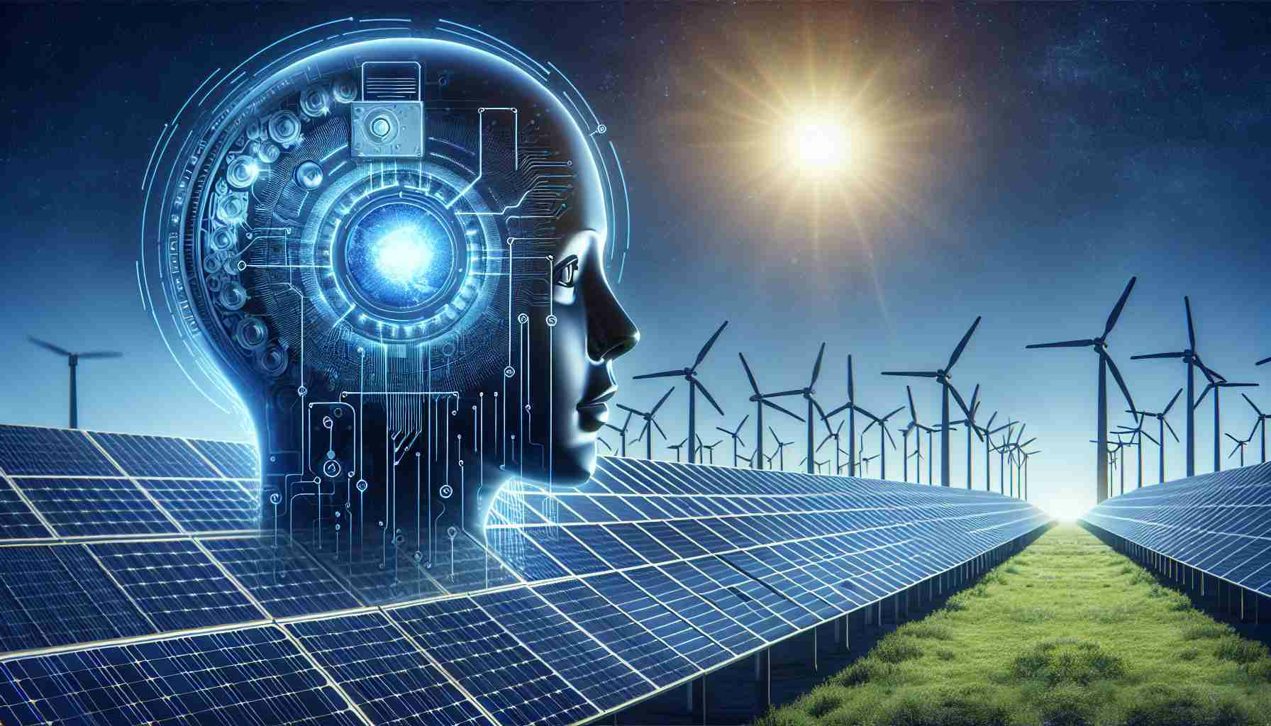 Generate a realistic high-definition image depicting the concept of artificial intelligence revolutionizing solar power, which can be seen as a secret weapon in the renewable energy industry. The image should represent how advanced technologies, such as AI, are being utilized to improve the efficiency and effectiveness of solar power systems.