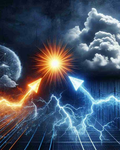 A high-definition, realistic photo representing the concept of improving prospects or hidden risks, as exemplified by the energy sector. Depict a radiant sun symbolizing rising prospects and a shrouded storm cloud representing hidden risks. These abstract symbols are interconnected with a network of energy conduits indicating the dynamic nature of energy production and consumption, exemplified by companies such as those in the solar energy industry.