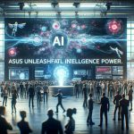 Create a high-definition, realistic representation of an event named 'SC24', where a technological company named ASUS is showcasing their newly launched artificial intelligence power. The scene should capture a buzzing atmosphere of a tech event, with various people eagerly exploring the presented advancements. Include dynamic visuals such as cutting-edge hardware, monitors displaying the AI's capabilities, and banners that read 'ASUS Unleashes AI Power'. Let the essence of fascination and future tech permeate the scene.