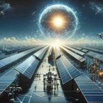 Generate a hyper-realistic HD image that encapsulates the concept of new era in solar innovation. Visualize a large, cutting-edge solar panel array set against a backdrop of a bright, clear sky. Make sure to include tangible elements of modern technology like sleek designs, futuristic materials, and potentially even drones or robots for installation or maintenance. Do not forget to add a feeling of grandeur and progress towards sustainable energy with a shining sun in the background.