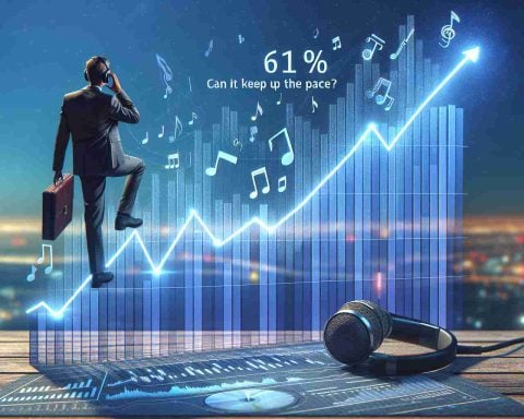 Create a realistic, high-definition image symbolizing a notable 618% growth in a music and audio recognition technology company. Illustrate the concept of this considerable surge in progress with an upward trending graph, signifying rapid progression and dynamism. Pose the question subtly in the scene, 'Can it keep up the pace?' to emphasize the uncertainty about whether this extraordinary momentum can be maintained.