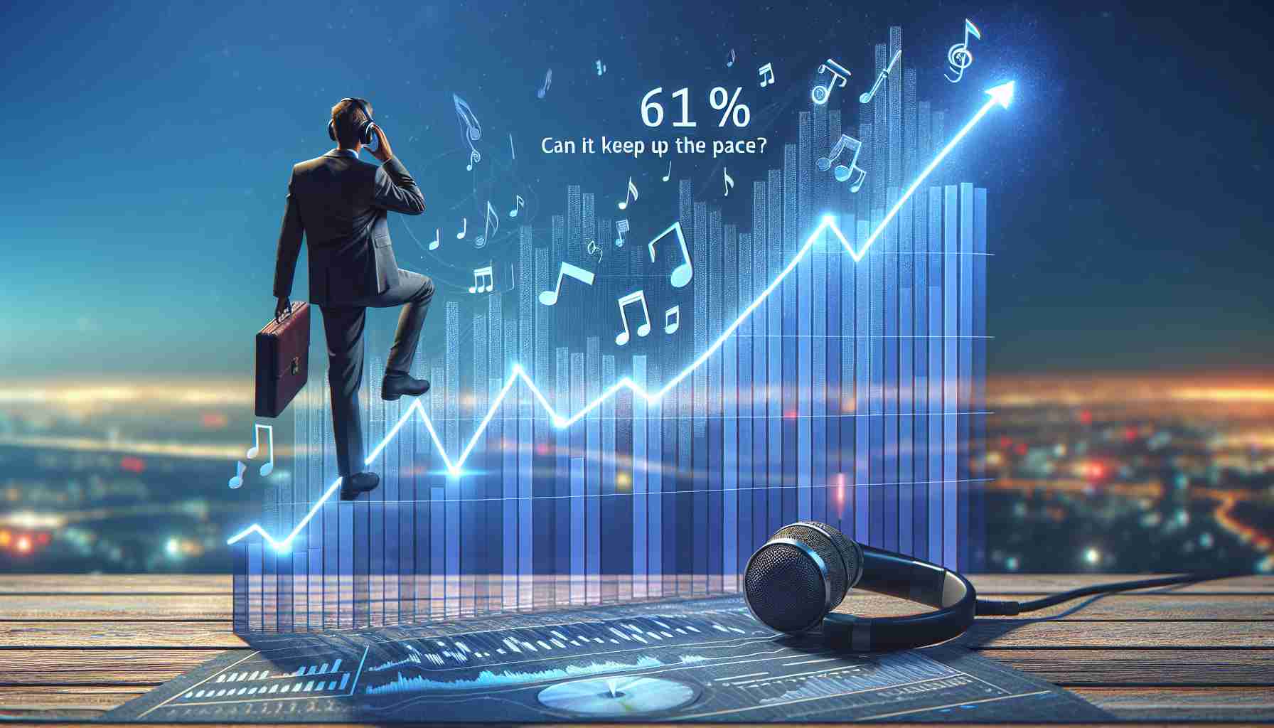 Create a realistic, high-definition image symbolizing a notable 618% growth in a music and audio recognition technology company. Illustrate the concept of this considerable surge in progress with an upward trending graph, signifying rapid progression and dynamism. Pose the question subtly in the scene, 'Can it keep up the pace?' to emphasize the uncertainty about whether this extraordinary momentum can be maintained.