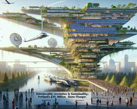 A high-definition, realistic image that showcases how the city of Portland is transforming the landscape of sustainability. Depict an impressive, futuristic structure that costs $300 million, acting as a game changer in the field of green innovation. The architecture has a cutting-edge design incorporating solar panels, vertical gardens, wind turbines, and rainwater harvesting systems. People of diverse descents are seen interacting with the structure, appreciating its design and sustainability features. A bold title on the image reads, 'Unbelievable Revolution in Sustainability: Portland's $300 Million Game Changer.'