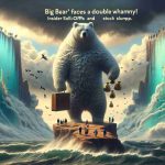 Generate a hyper-realistic, high-definition image that depicts the concept of a company facing multiple challenges. Visualize the company as a large, symbolic bear, to denote 'BigBear.ai'. This bear stands at the edge of a cliff, caught between two turbulence winds, denoting hard times. One storm rock could show a group of symbolic people (representative of insiders) stepping away with suitcases of gold (denoting sell-offs), while the other represents a plummeting bar chart (symbolizing a stock slump). Include text in the sky stating 'BigBear.ai Faces a Double Whammy! Insider Sell-Offs and Stock Slumps.'