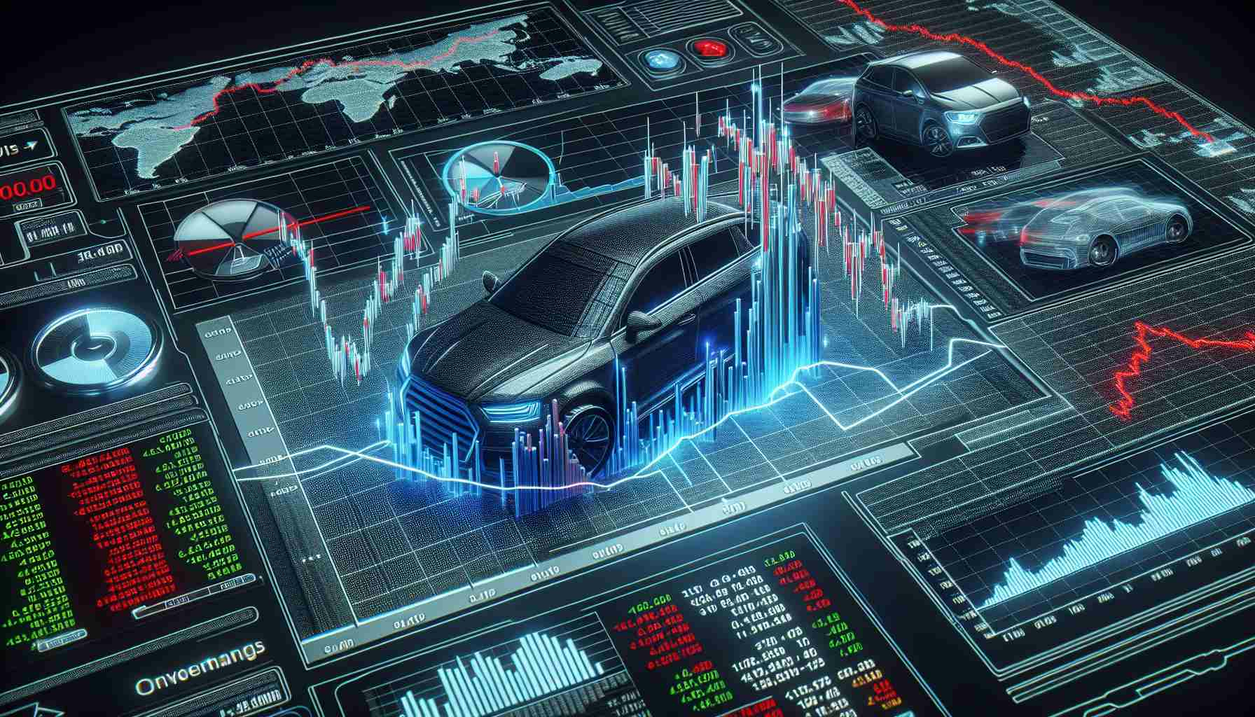 Detailed, high-definition image of a plummeting stock graph, representing a major tech-focused automotive company's surprising share price decline. The graph is depicted on a computer screen with market indicators and various financial data points surrounding it. The sentiment conveyed is one of shock from investors who did not anticipate this turn of events.