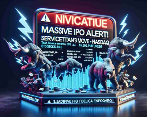 Visualize a hyper-detailed high definition representation of an alert notification bearing the words 'Massive IPO Alert! ServiceTitan’s Big Move to Nasdaq Unfolds'. The notification is delivered via a digital platform. The overall aesthetic reflects the high stakes and excitement of important financial news. Lightning bolts and bull and bear figures can be seen sculpted on the background of the notification to symbolize the dynamic nature of the stock market