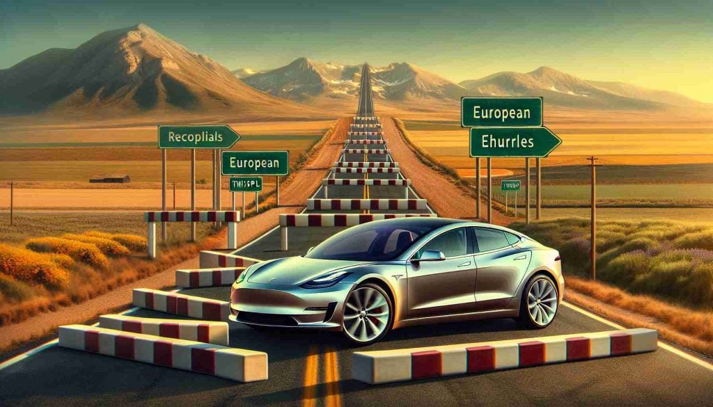 Generate a realistic, high-definition image of a new, revolutionary electric car, specifically named 'Tesla Twist'. Illustrate this state-of-the-art vehicle on an open road in a classic American landscape setting. In this scene, it is overcoming various obstacles that metaphorically represents European hurdles. Perhaps these could include a series of complex roadways or hilly terrain illustrating the challenges. The car seamlessly maneuvers through these terrains demonstrating the technological advancements and the resilience of the American automotive industry.