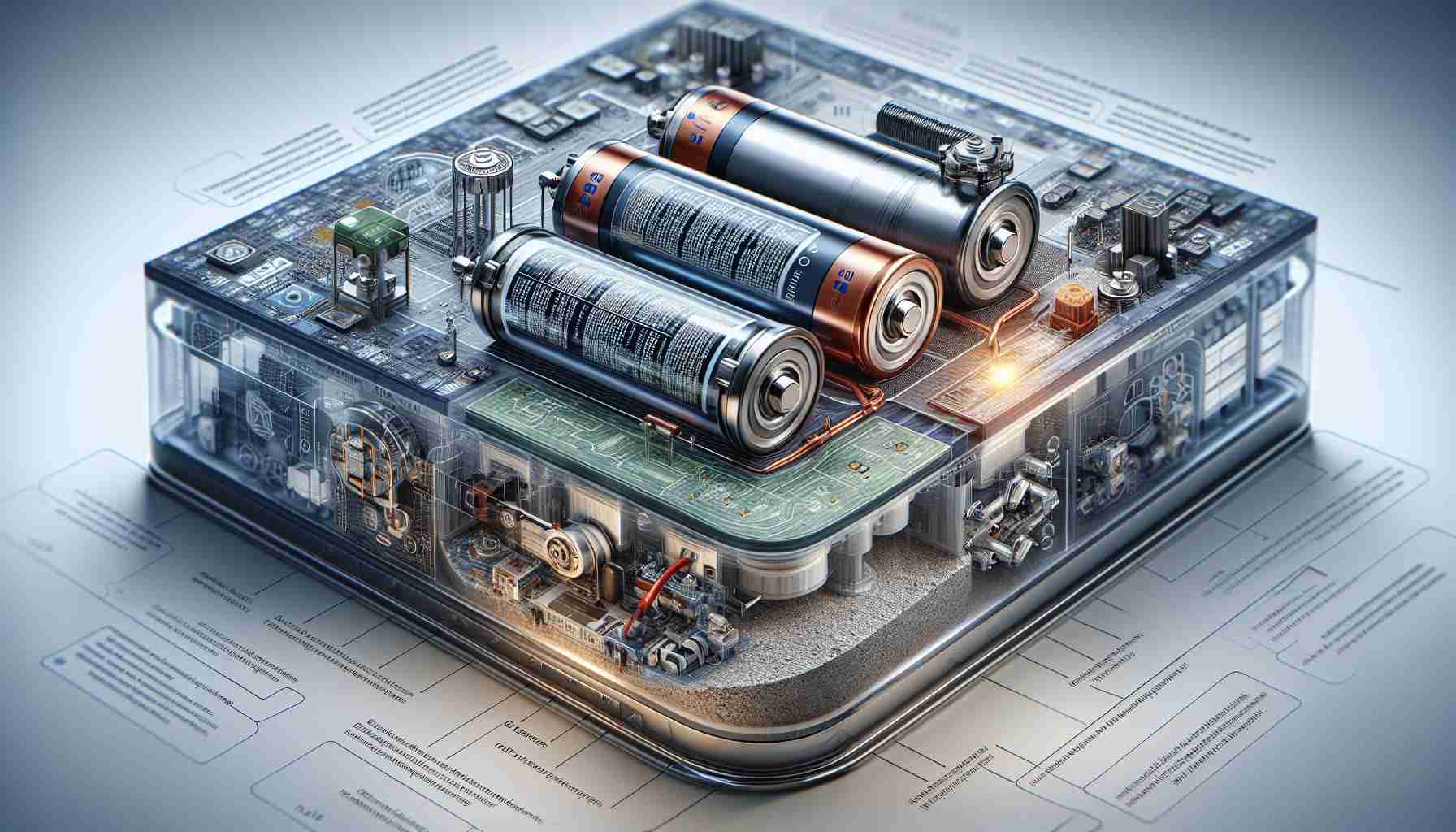 A detailed, realistic, and high definition illustration of a revolutionary new battery technology. It features a cross-section of the advanced energy storage device, showcasing its innovative components and principles of operation in an understandable and visually engaging way. The picture focuses on highlighting the distinguishing features that make it different and groundbreaking compared to traditional battery technologies. The image is accompanied by text diagrams and explanations to depict how this groundbreaking technology functions.