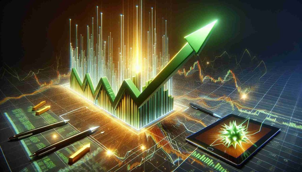 Render a detailed high-definition image that illustrates the concept of an exhilarating stock market surge. The visual metaphor might include, for example, an upward trending graph with green upward arrows and the words 'Exponential Growth' nearby to signify astonishing development.