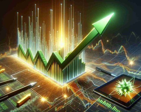 Render a detailed high-definition image that illustrates the concept of an exhilarating stock market surge. The visual metaphor might include, for example, an upward trending graph with green upward arrows and the words 'Exponential Growth' nearby to signify astonishing development.