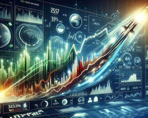 A high-definition representation of a stock market chart showing a surge in the stock price of an energy company. The illustrated chart shows an unexpected and sudden rise, with stock values skyrocketing upwards. Please include components such as bar graphs or line graphs to represent the surge, and highly detailed HUD showing the percentage increase, stock icons, and possibly news about the unexpected rise, in an engaging and visually stunning manner. Please use appropriate colors such as green for growth and red for decline, with crisp numbers and precise labels.