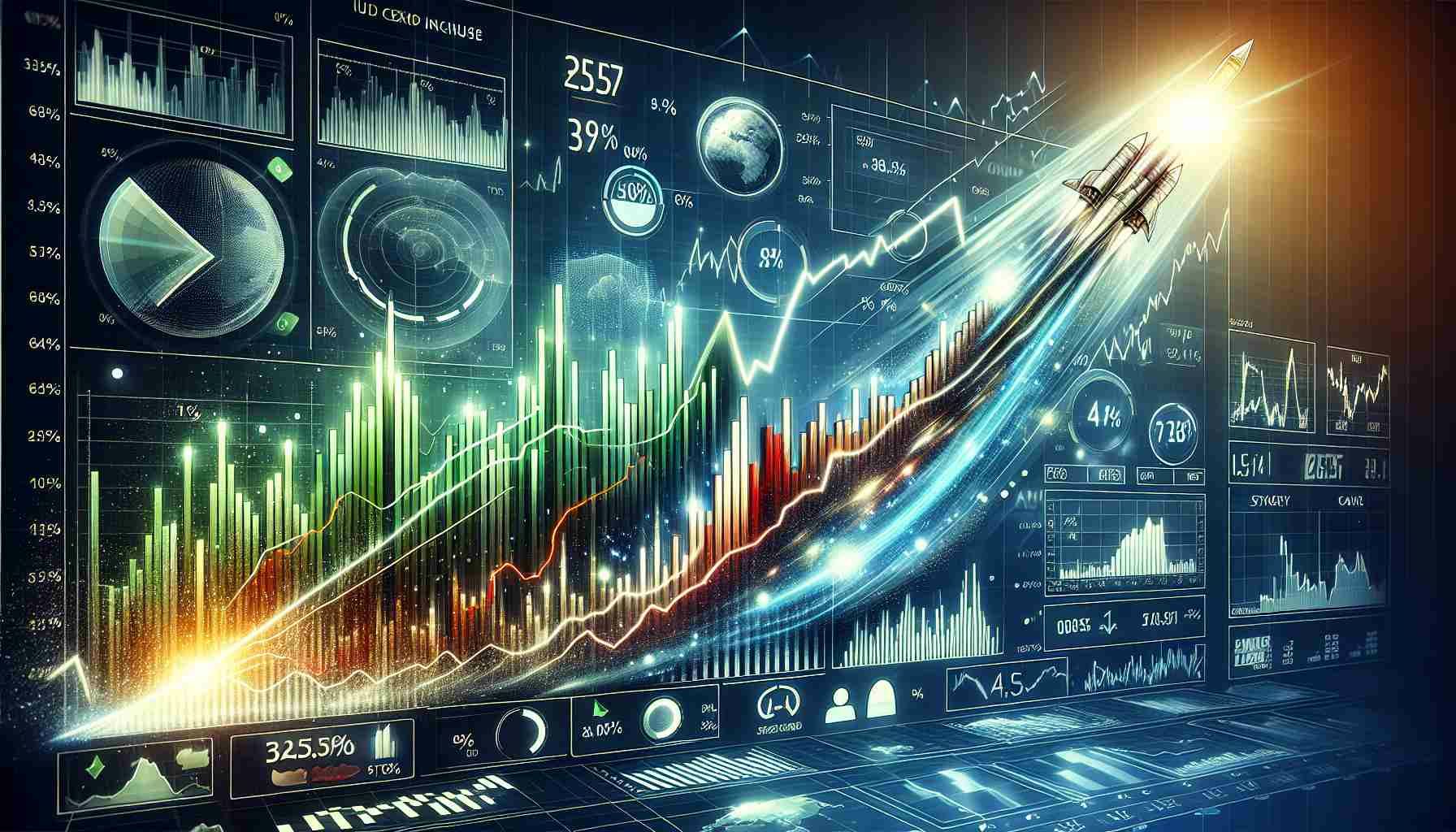 A high-definition representation of a stock market chart showing a surge in the stock price of an energy company. The illustrated chart shows an unexpected and sudden rise, with stock values skyrocketing upwards. Please include components such as bar graphs or line graphs to represent the surge, and highly detailed HUD showing the percentage increase, stock icons, and possibly news about the unexpected rise, in an engaging and visually stunning manner. Please use appropriate colors such as green for growth and red for decline, with crisp numbers and precise labels.