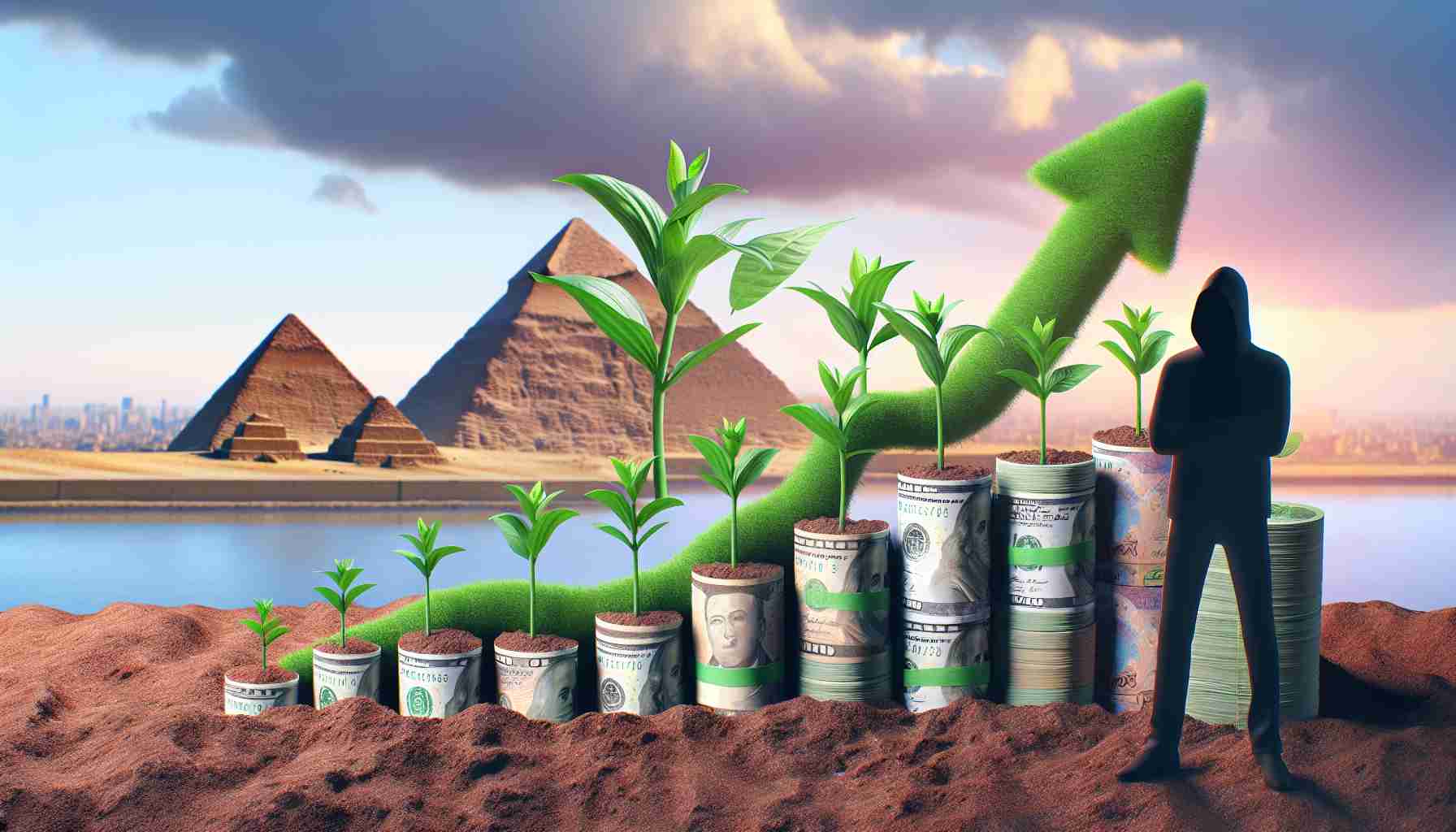 Realistic high-definition image of an abstract concept representing a significant financial growth for Egypt with a green revolution concept. The image could show stacks of banknotes growing like plants from fertile soil, with a beautiful Egyptian landscape, such as the Pyramids or the Nile River, in the background. The mysterious benefactor could be symbolized by a silhouette or a nondescript figure overseeing this transformation.