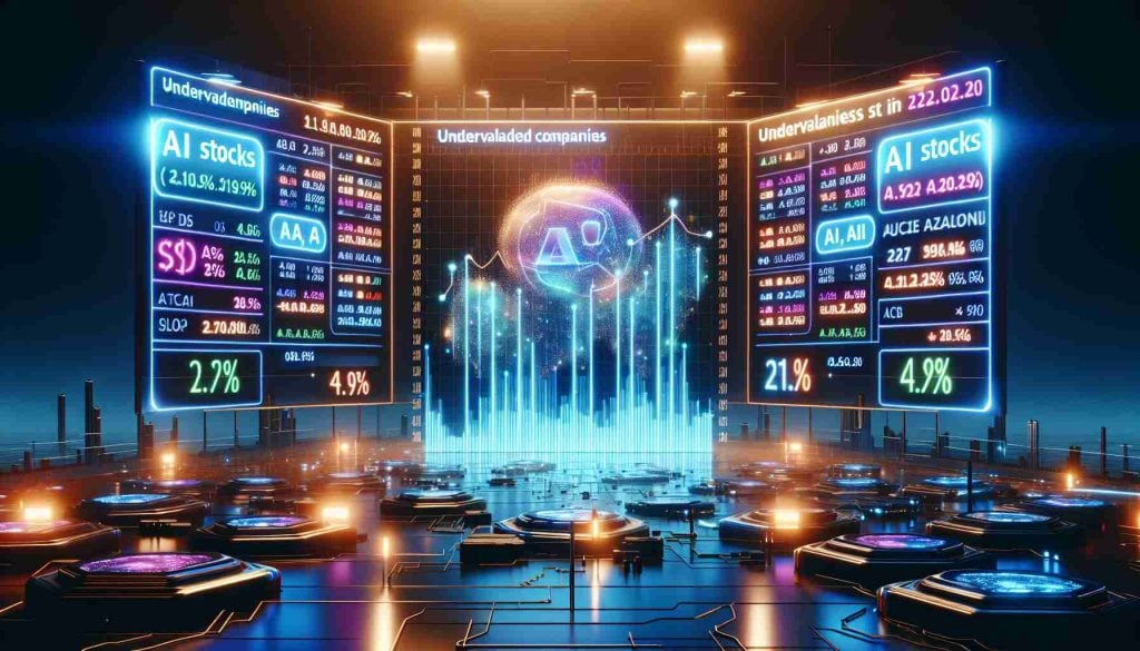 An illustration representing AI's impact on the stock market. The scene should display a stock market board filled with futuristic, aesthetically pleasing digital graphics, glowing with multiple colors to showcase advanced technology. The board should prominently display 'AI Stocks' and show an upward trend, indicating their rising value. Emphasize some companies as undervalued bargains by showing them highlighted or surrounded by an attractive glow. At the base of the scene, add a bold, glossy text, reading 'Undervalued Companies Set to Soar in 2025'. Follow a modern, high-tech aesthetic, ensuring the image is HD and lifelike.