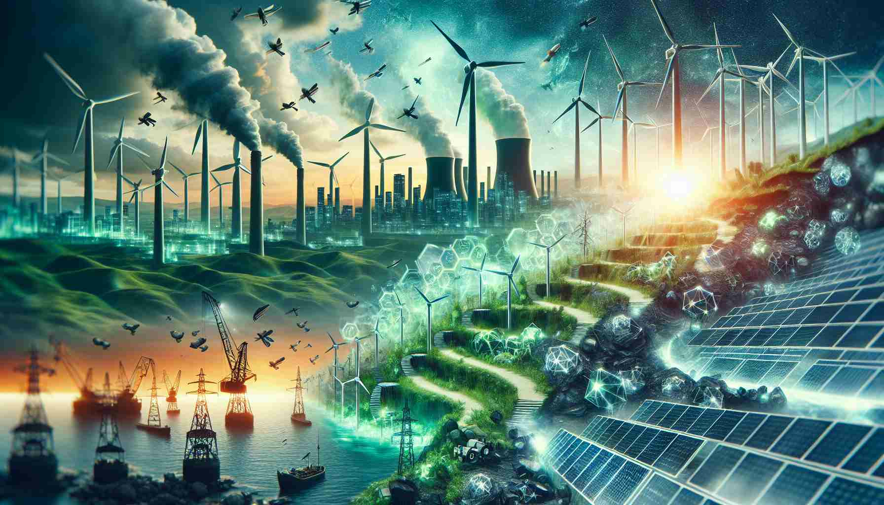 High-definition, hyperrealistic image of the evolution in energy systems, transitioning from traditional sources to renewable power options. Depict a rise in renewable energy, as symbolized by wind turbines, solar panels, and other green technologies. In the backdrop, show traditional energy sources such as coal mines and oil rigs diminishing. Essentially, capture the essence of an Energy Revolution.