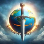 Create a high-definition, realistic image depicting the metaphorical concept of Amazon's soaring cap as a double-edged sword. This image should illustrate the global impacts and effects of this situation.