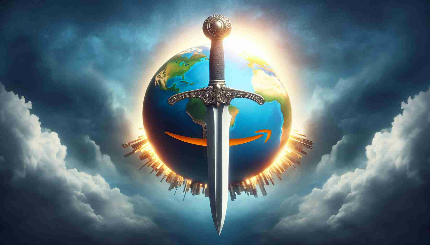Create a high-definition, realistic image depicting the metaphorical concept of Amazon's soaring cap as a double-edged sword. This image should illustrate the global impacts and effects of this situation.