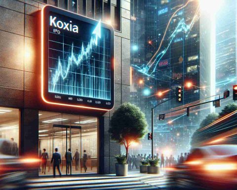 A high-definition, realistic image depicting the scene of a technology company experiencing a surge in valuation after their Initial Public Offering (IPO). The company is non-specific, but is symbolized by a signboard with the name 'Kioxia'. The signboard is in an urban setting with bustling corporate life around. The scene encapsulates the excitement, optimism, and ambition that characterizes such market debuts.