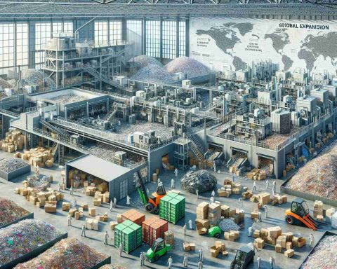 An inclusive and highly detailed depiction of a modern recycling company's operations. The scene features a large, bustling warehouse filled with neatly organized piles of recyclable materials - paper, glass, plastic, and metal. The company's diverse workforce, which includes Caucasian and Hispanic men and women, are busily sorting materials and operating machinery. A range of advanced machines are visible processing different types of waste, each labelled to showcase the company's dedicated parts towards recycling. Global expansion maps and strategy plans can also be spotted tucked away in the back of the scene, hinting at the company's ambition to expand their operations worldwide despite evident challenges.