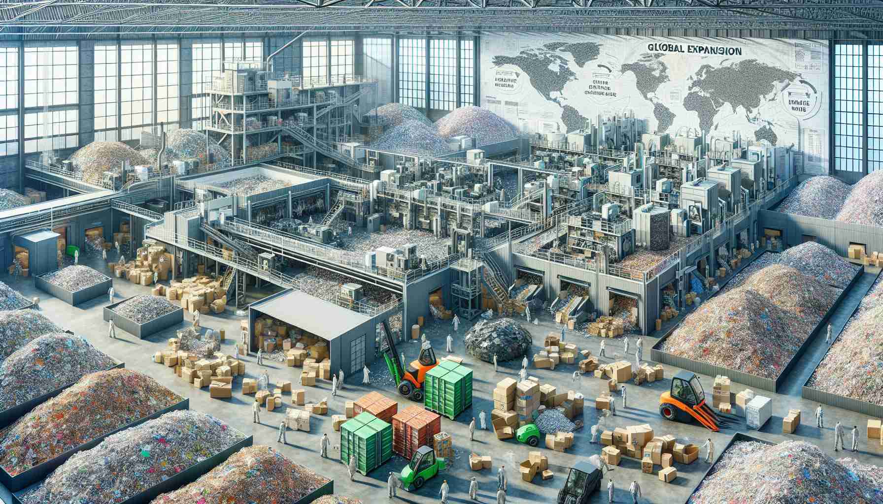 An inclusive and highly detailed depiction of a modern recycling company's operations. The scene features a large, bustling warehouse filled with neatly organized piles of recyclable materials - paper, glass, plastic, and metal. The company's diverse workforce, which includes Caucasian and Hispanic men and women, are busily sorting materials and operating machinery. A range of advanced machines are visible processing different types of waste, each labelled to showcase the company's dedicated parts towards recycling. Global expansion maps and strategy plans can also be spotted tucked away in the back of the scene, hinting at the company's ambition to expand their operations worldwide despite evident challenges.