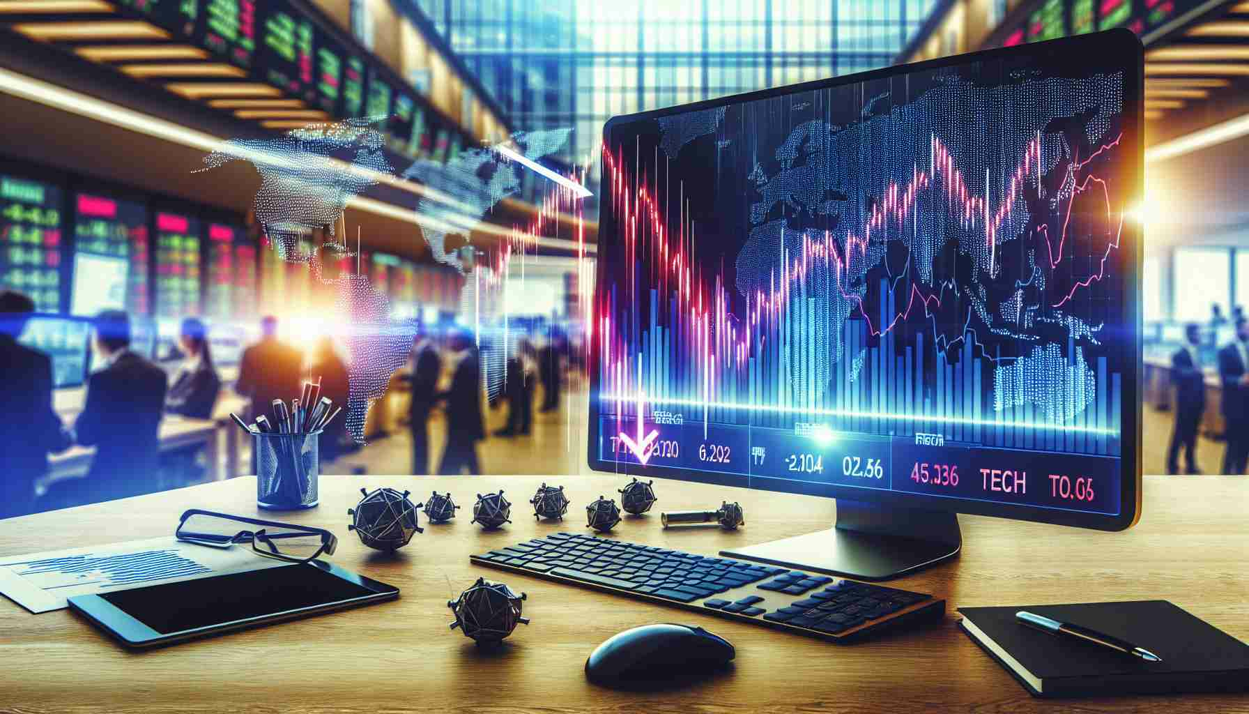 Generate a hyper-realistic HD photo symbolizing a tech stock tumbling amid market shifts. This could include a computer screen showcasing a severe downward trend in a fictional tech stock's prices, a graph or chart representing these shifts, and a backdrop of a busy stock market floor.