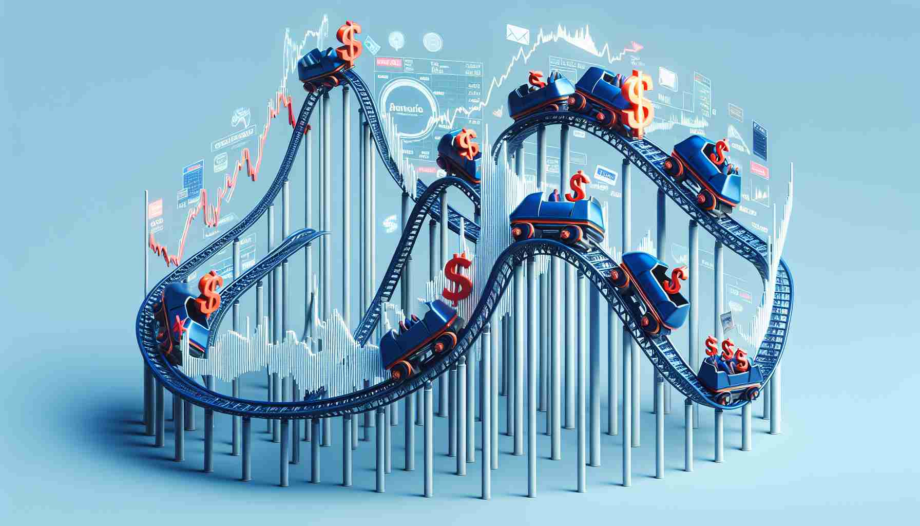 Generate a high-definition, realistic image depicting a figurative roller coaster ride symbolising the stock market. The ride includes intense ups and downs to portray significant wins and substantial losses. To represent 'top stocks', place symbolic objects like dollar signs, stock market charts, or share certificates on the roller coaster cars. Note that no actual logos or brand names should be used to avoid copyright infringement.
