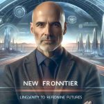 A realistic HD image of a successful entrepreneur's visionary project named 'New Frontier'. This project focuses on the theme of investing in longevity to redefine futures. The entrepreneur stands in the foreground, middle-aged Caucasian male, bald, medium build, wearing casual business attire. The background shows a futuristic landscape with advanced technologies, healthcare innovations, and longevity research facilities.