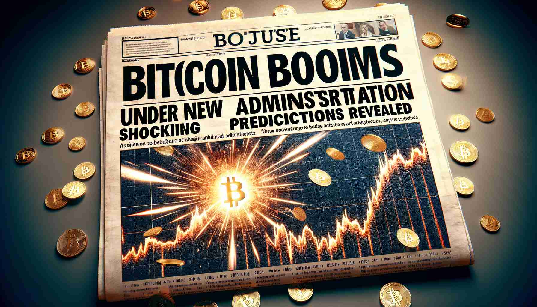 Generate a high-definition image depciting a newspaper headline about Bitcoin experiencing a significant increase in value under a new political administration. The headline splash reads 'Bitcoin Booms Under New Administration: Shocking Predictions Revealed'. The newspaper layout is arranged to show the detailed chart of Bitcoin's upward trend, and a routing of an apparent injunction of yet to be disclosed astute forecasts.